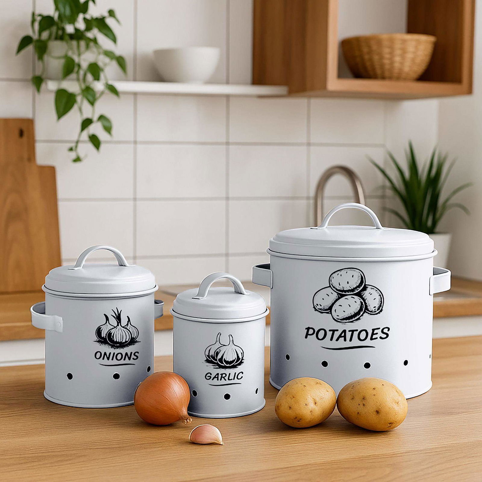 Opbevaringskasser til kartofler, løg og hvidløg – sæt med 3, ventilerede
