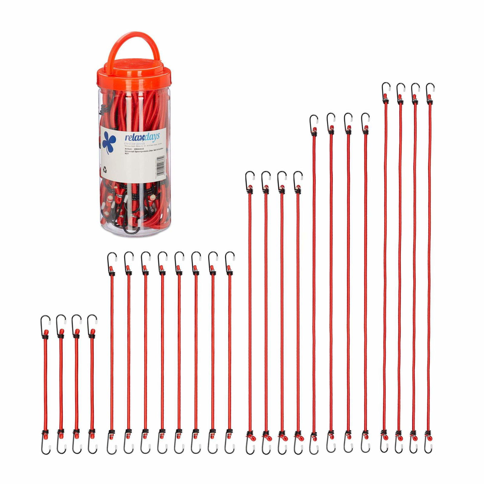 Sæt med 24 røde elastiksnore i 5 størrelser