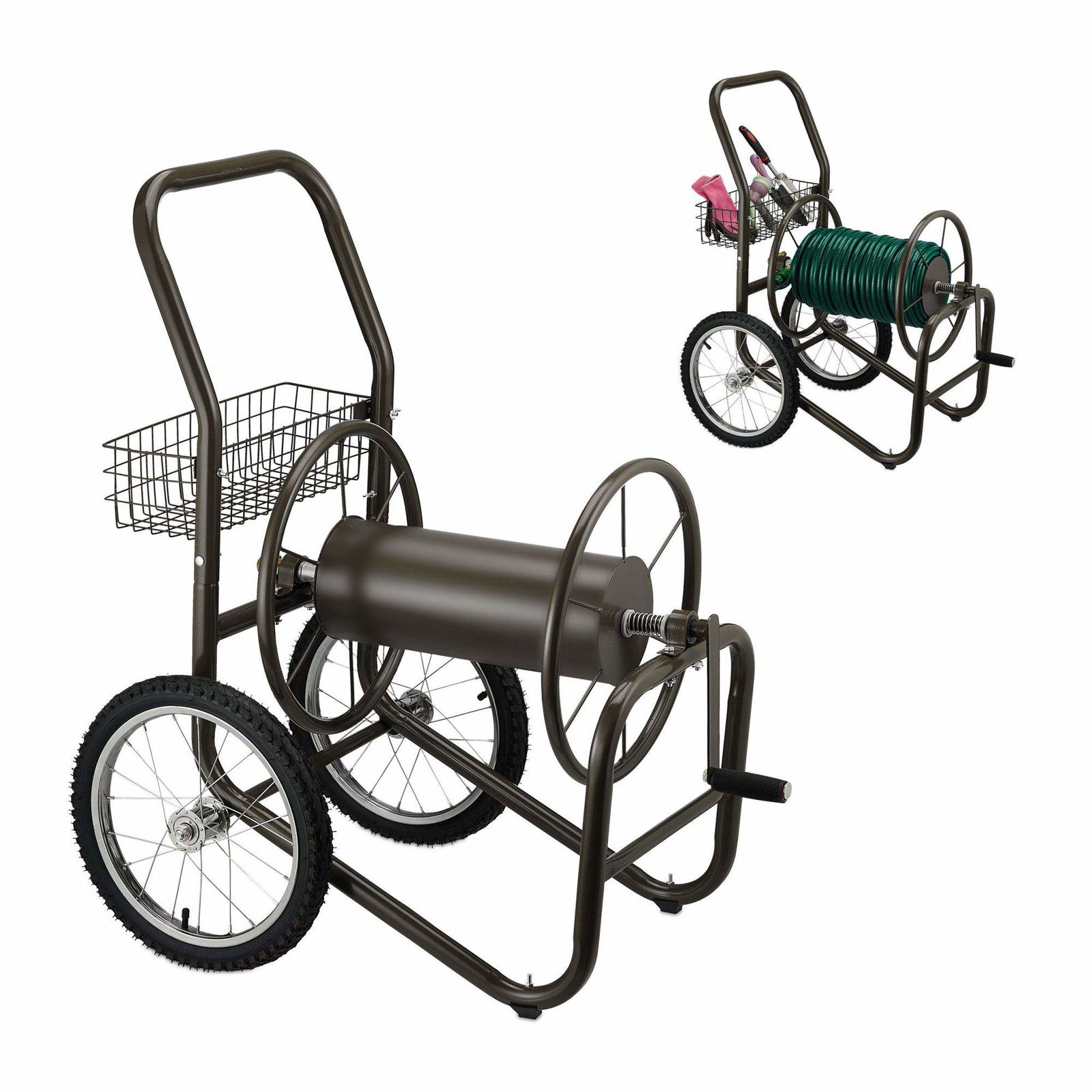 Brun slangevogn med kurv