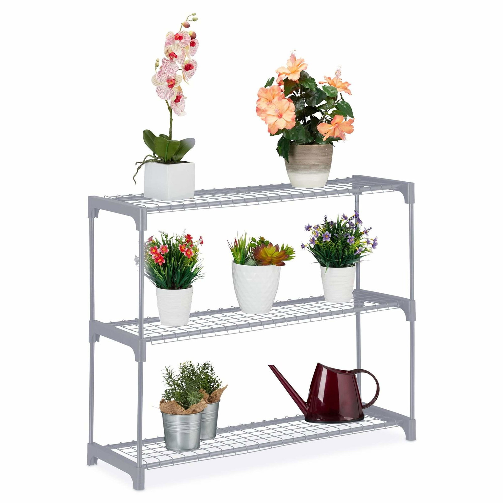 Blomsterstativ i gråt metal 3 hylder