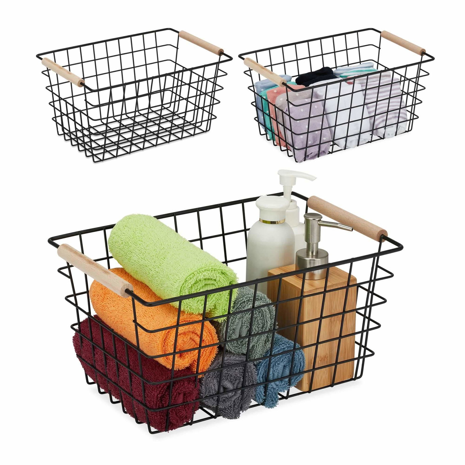 Trådkurve med træhåndtag 3-pak