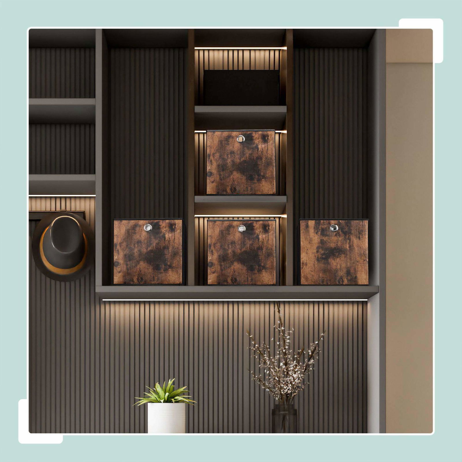 Opbevaringsboks i stof med trælook, 6-pak