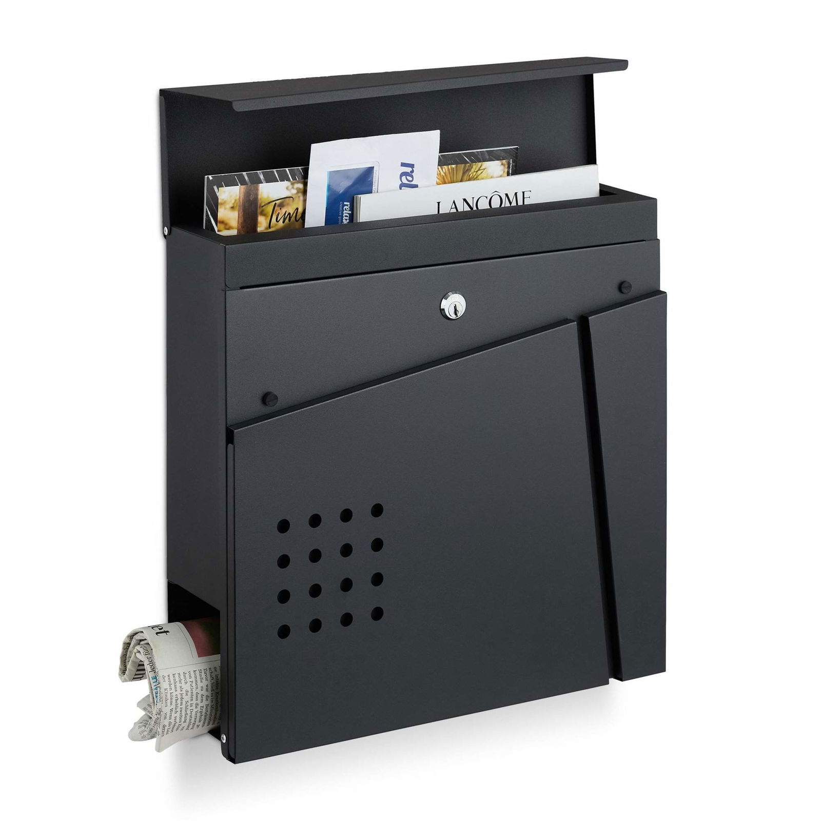 Sort postkasse med avisholder