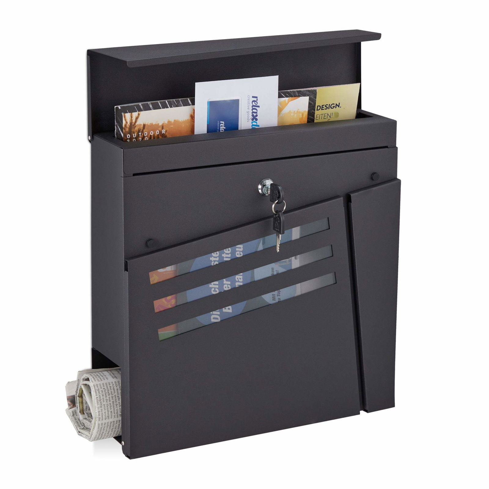 Sort postkasse med avisholder