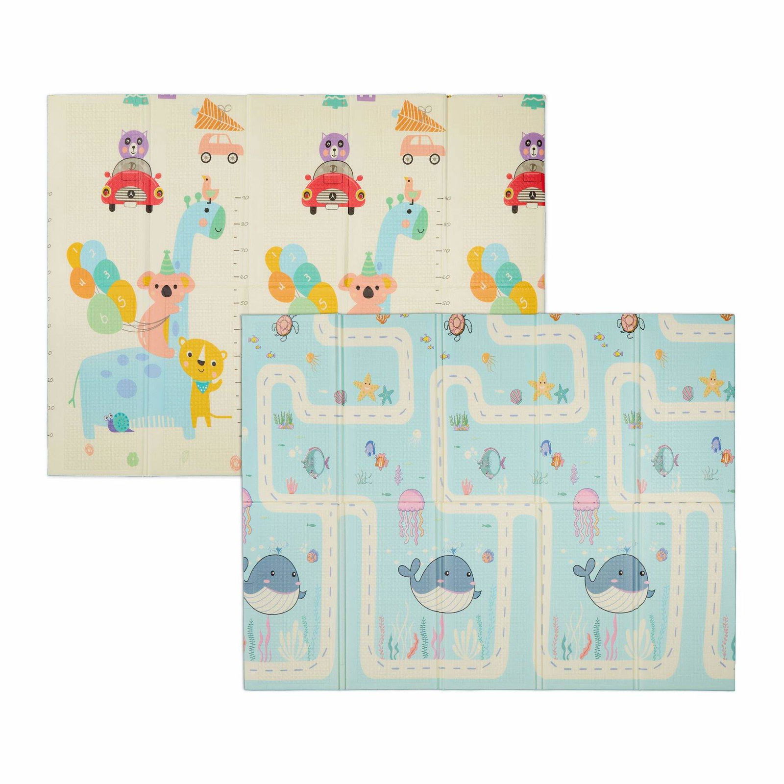 Sammenfoldelig legetæppe med søde dyremotiver