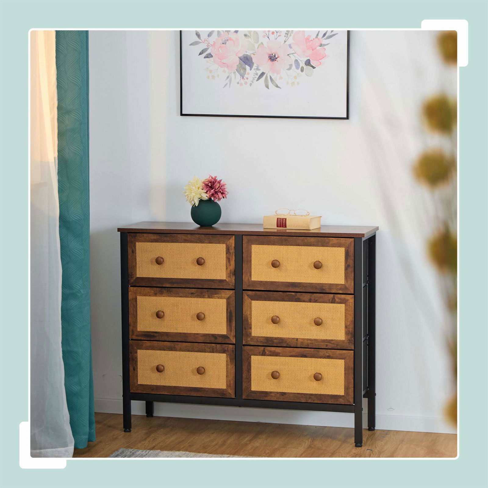 Kommode med 6 skuffer i rattan stil