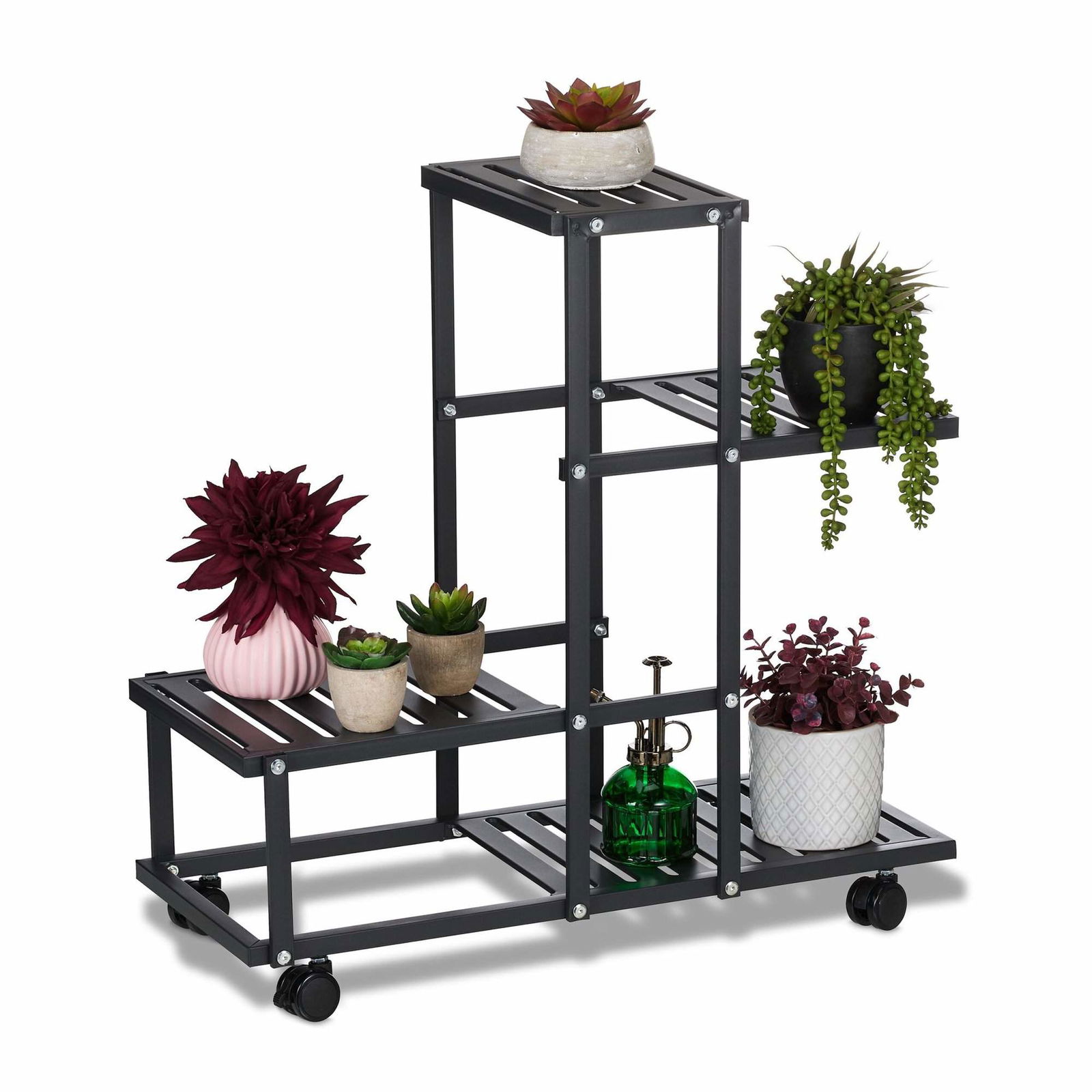 Sort blomsterstativ med hjul