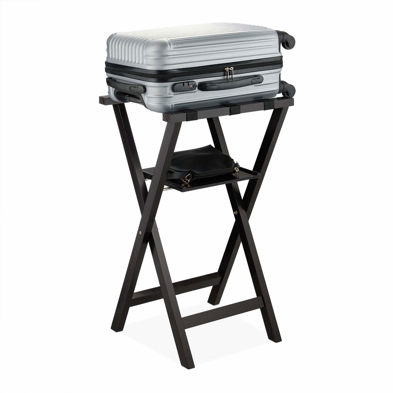 Sort kuffertstativ med hylde