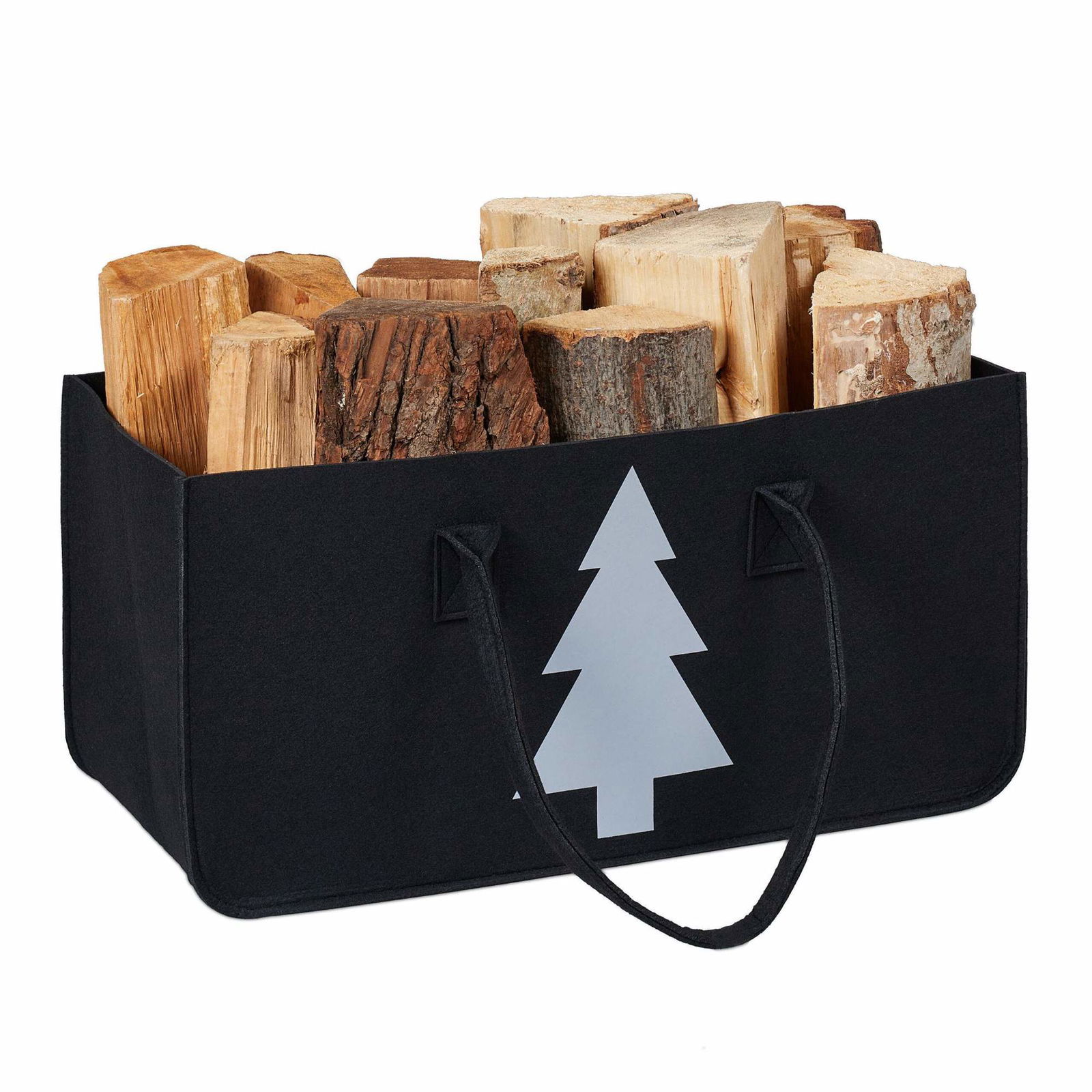 Sort brændepose i filt med motiv