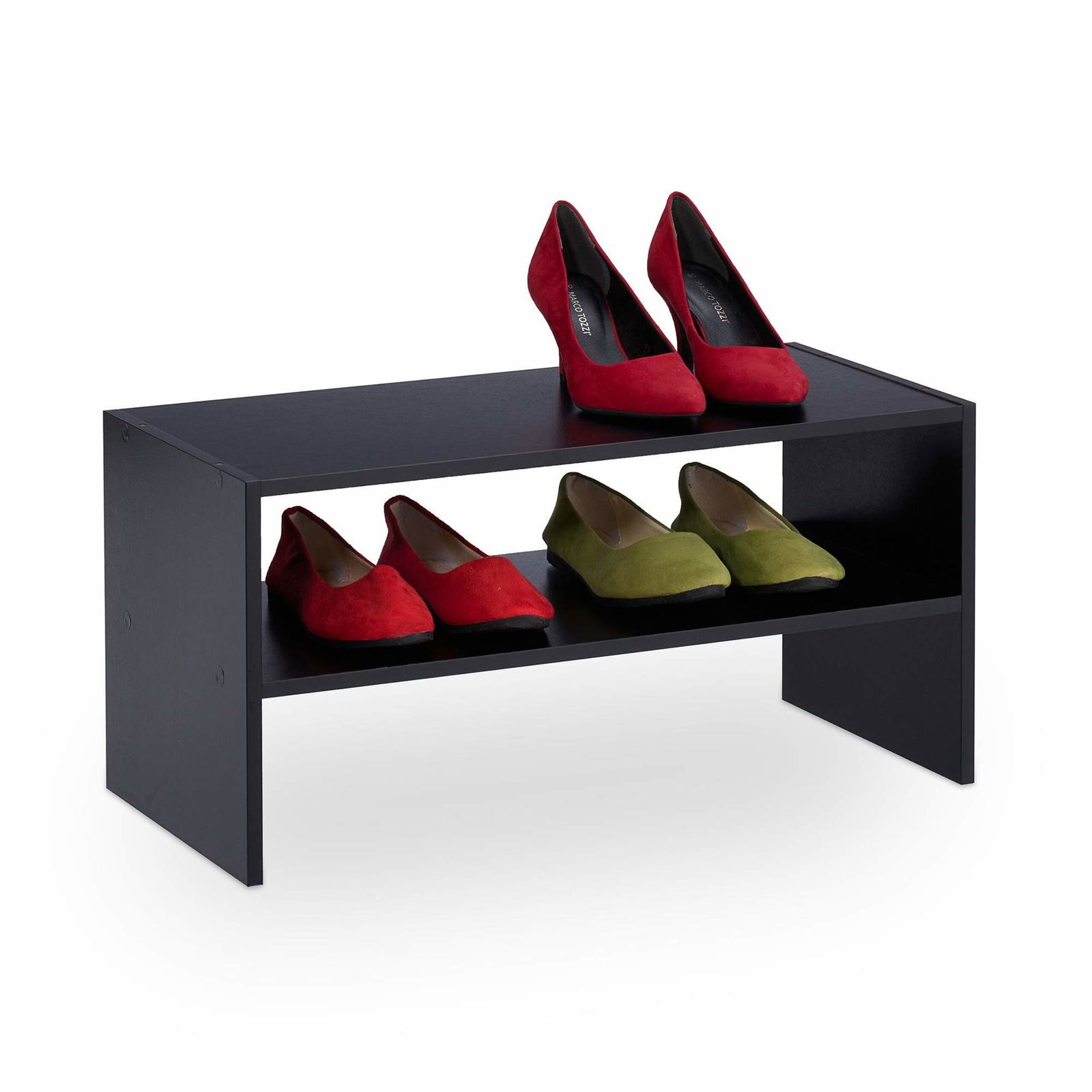 Sort skohylde med 2 hylder