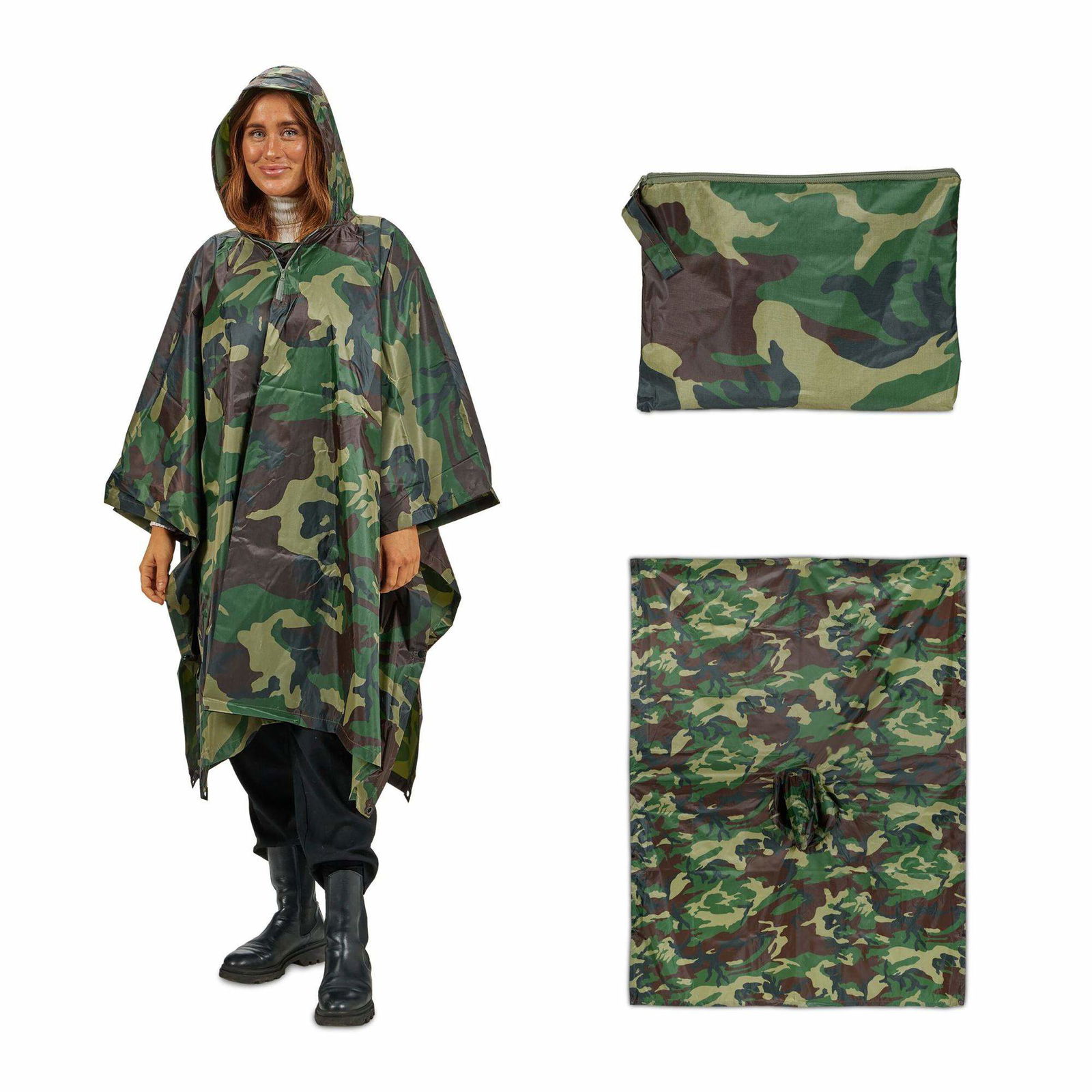 Regnponcho med flere anvendelsesmuligheder 3 i 1 camouflage