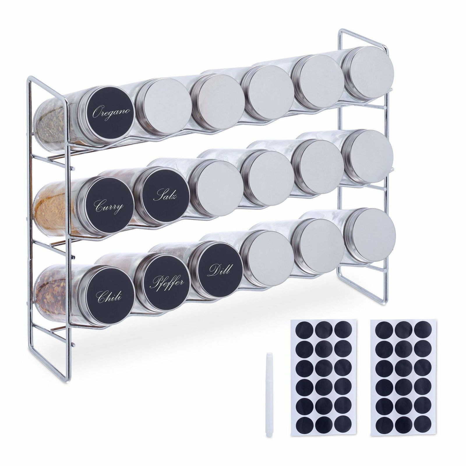 Krydderihylde med 18 krydderiglas