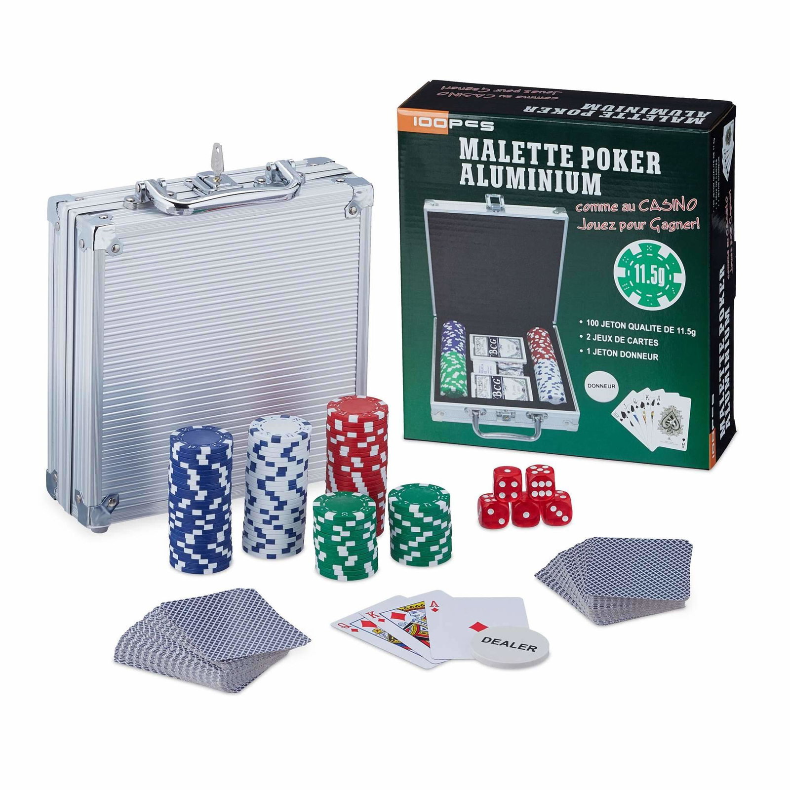 Pokerkasse med 100 chips
