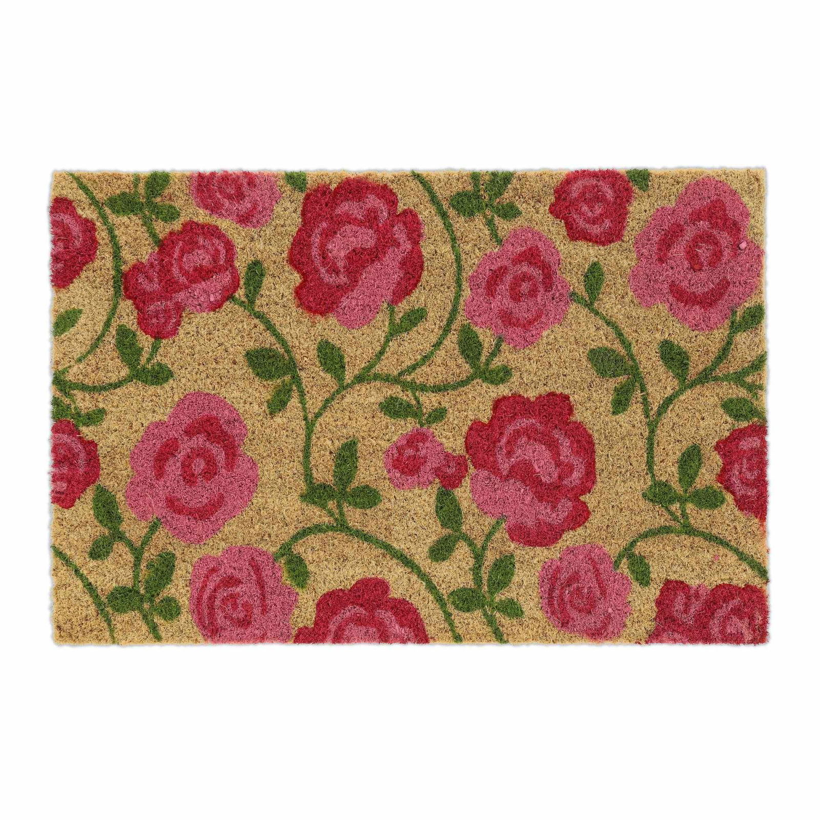 Dørmåtte lavet af kokosfiber med smukke roser