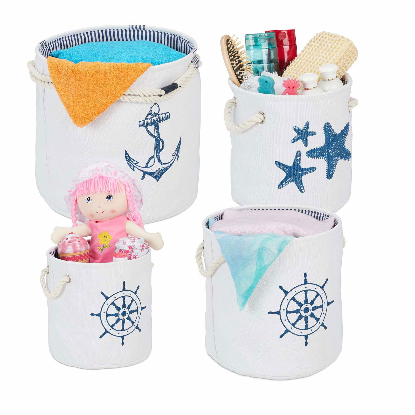 Opbevaringskurve i marine stil med 4 stk