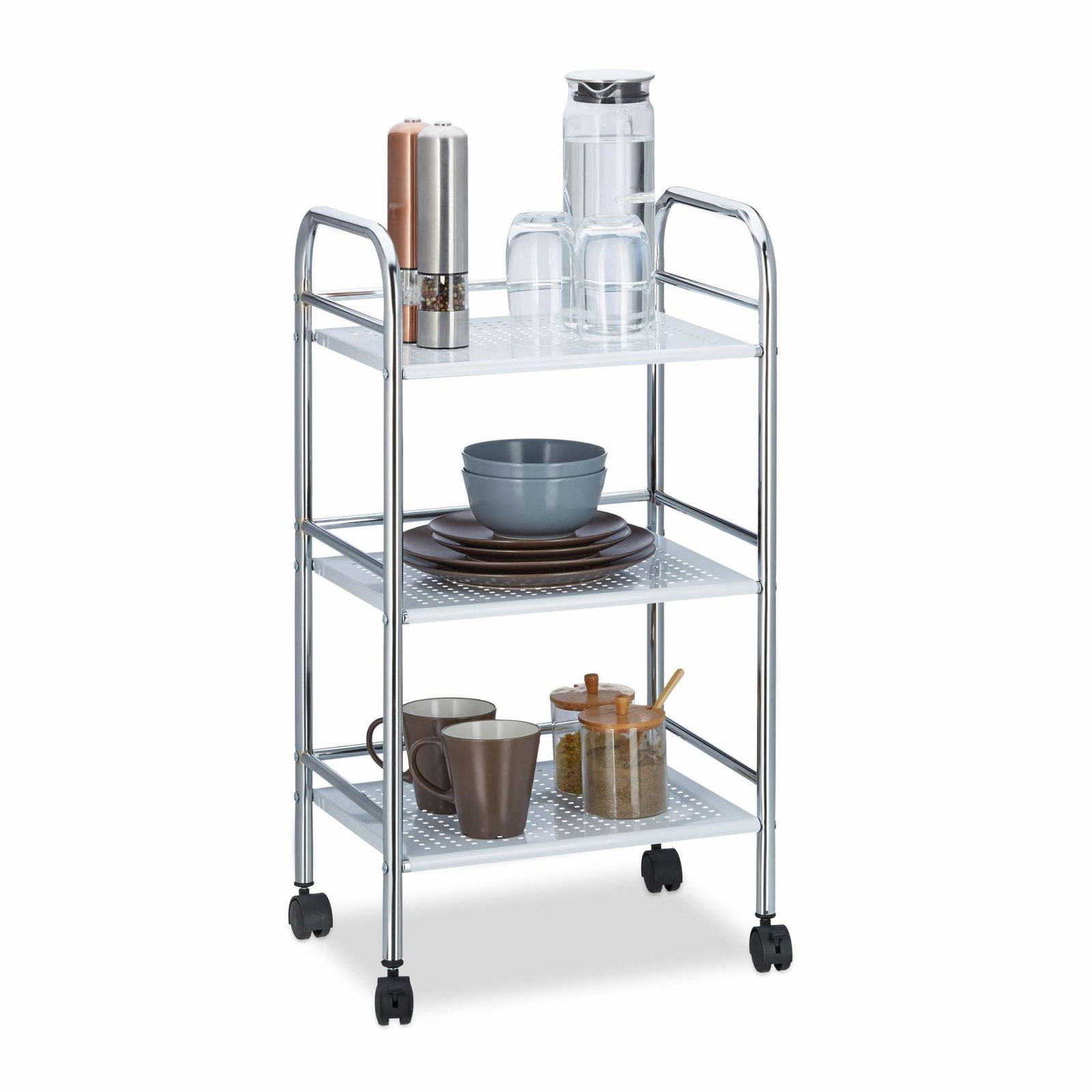 Serveringsvogn i metal med 3 hylder