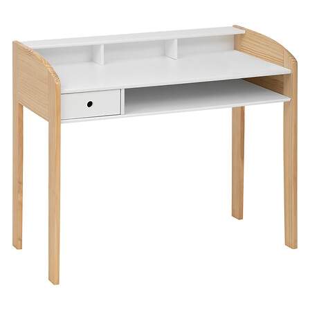 Børneskrivebord i hvidt træ med opbevaring – afrundet design