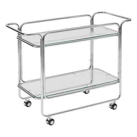 Serveringsvogn i glas, 2 hylder, forkromet finish, låsbare hjul