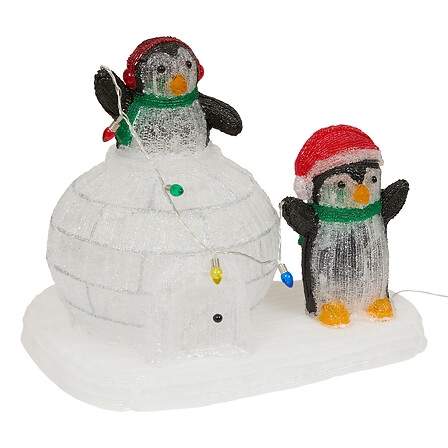 Akrylfigur lysende iglopingviner 20 faste LED'er højde 28 cm til udendørs brug