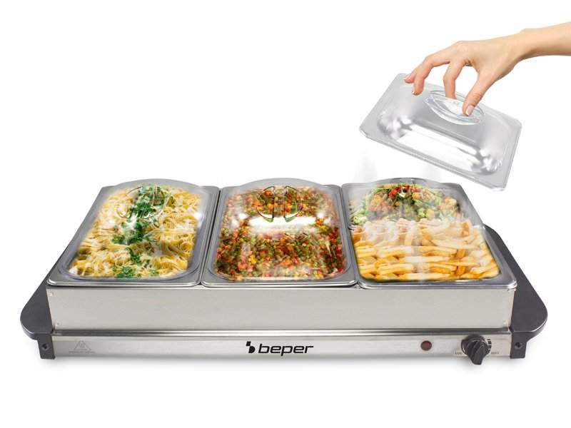 Buffetmadvarmer – 4 stålbakker, justerbar termostat