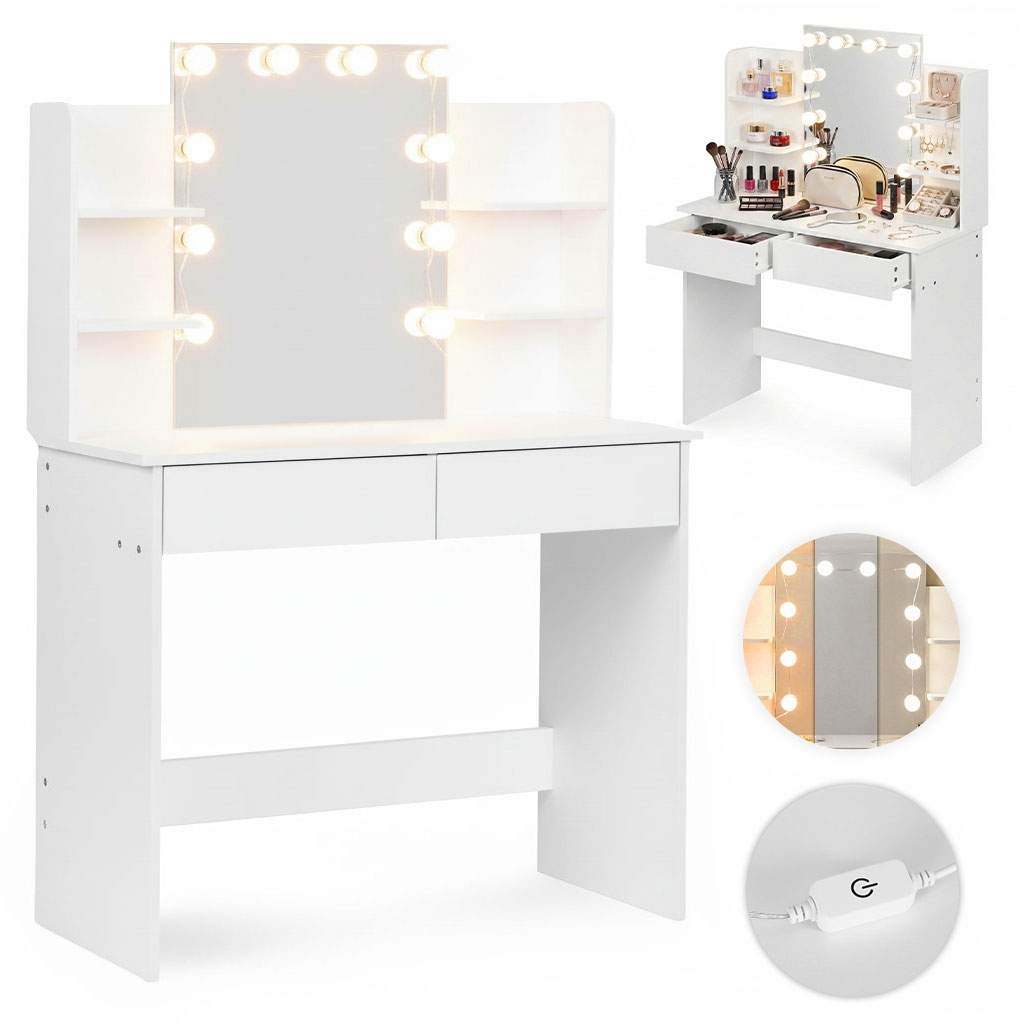Sminkebord med spejl og LED-lys – 3 farver, skuffer