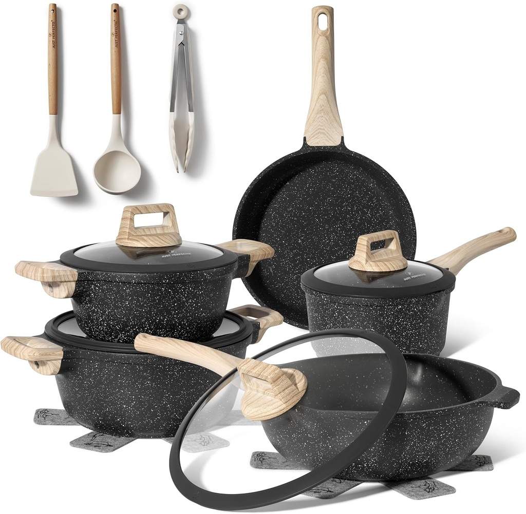 Granit køkkengrejsæt, 14 dele non-stick – sort