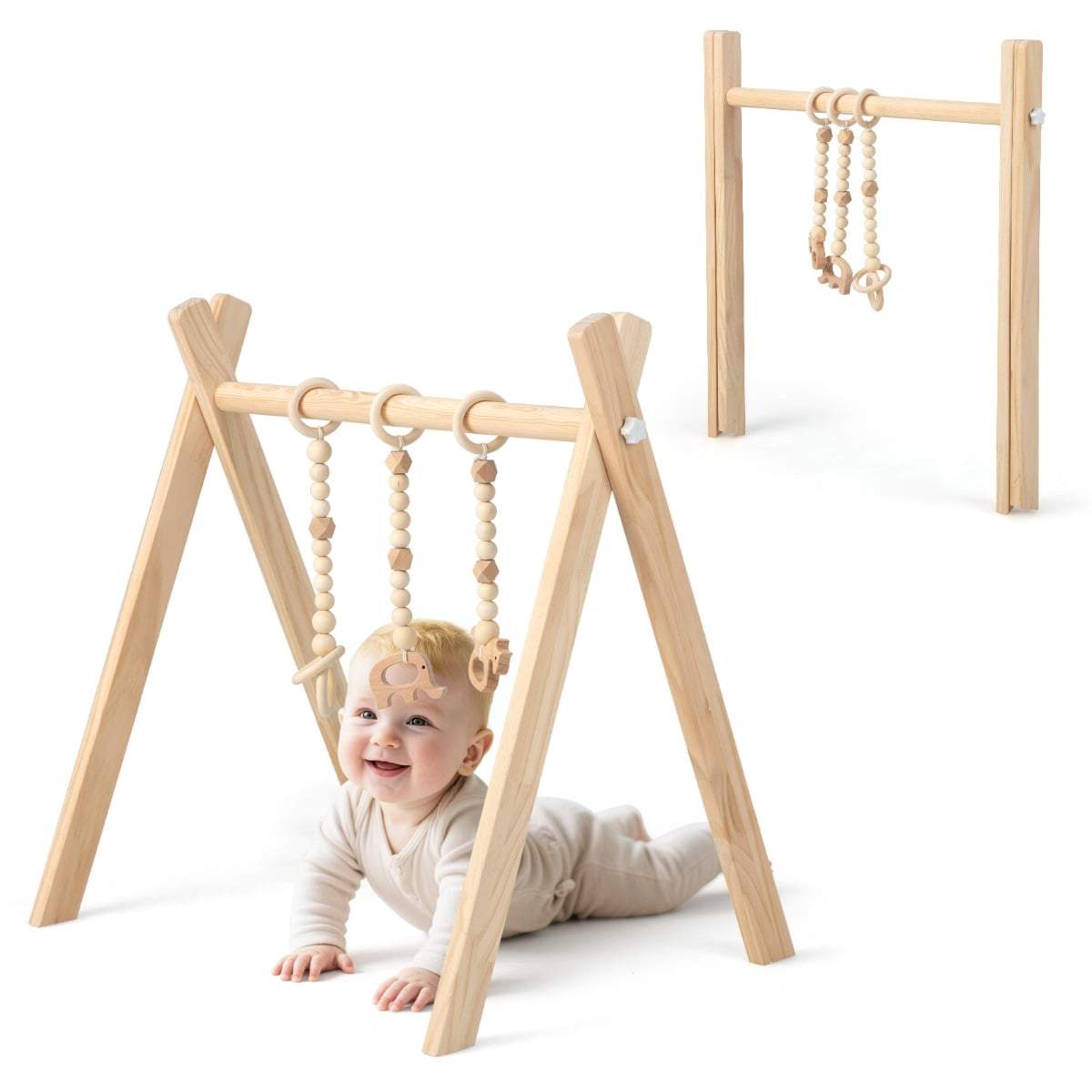 Træbabygym med legetøj – Sammenklappelig og miljøvenlig