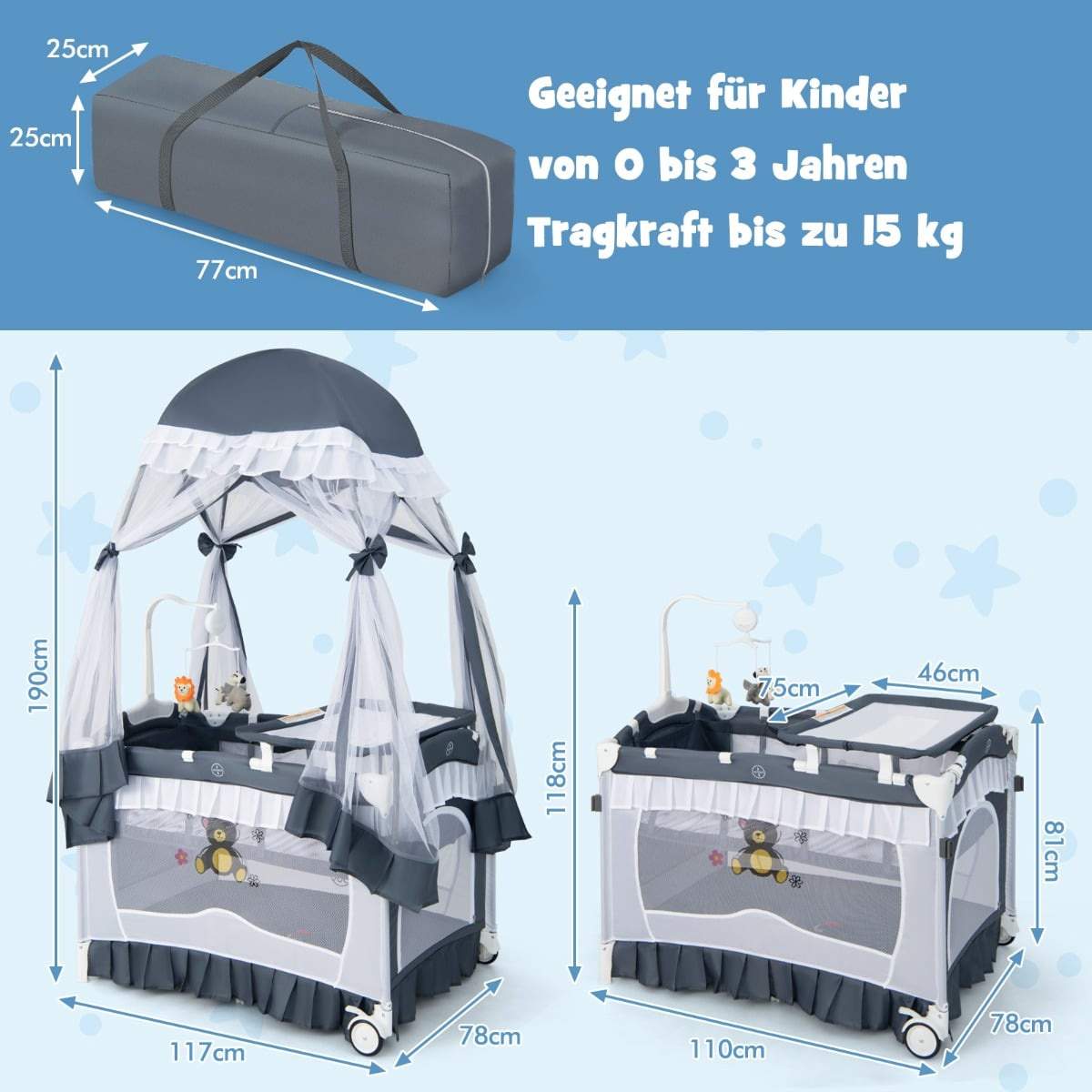 4-i-1 resesäng för baby med baldakin och madrass - grå | Hem & Hobby | Pryloteket