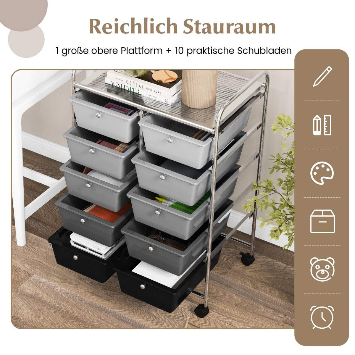Rullende opbevaringsvogn med 10 skuffer – grå/sort