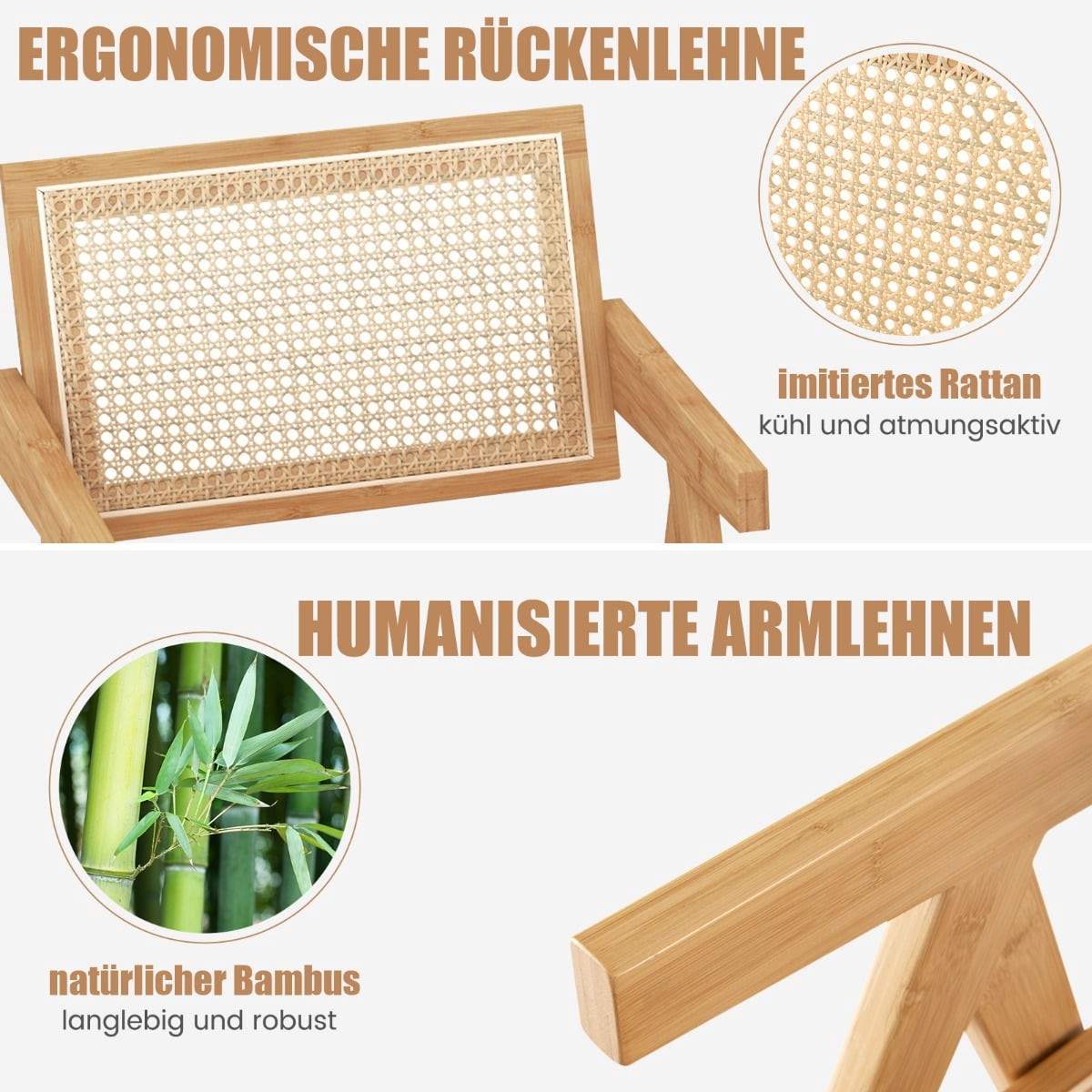 Bambus- og rattan spisebordsstole sæt med 4 – naturlig finish