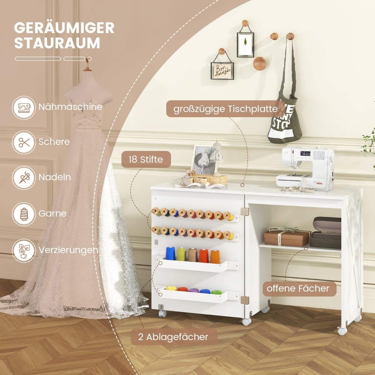 Sammenklappeligt sy- og hobbybord med opbevaring – hvid