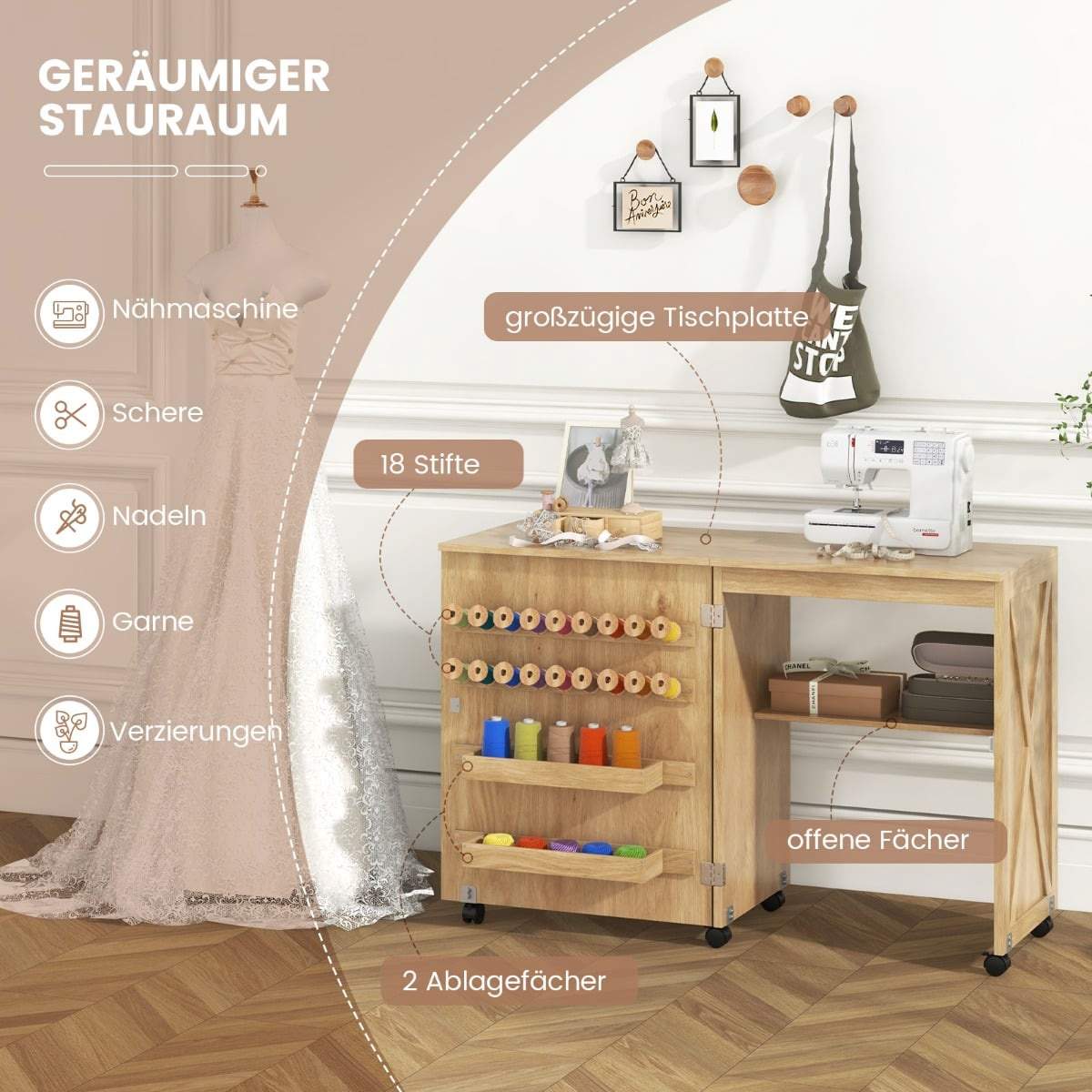 Hopfällbart sy- och hantverksbord med förvaringshyllor | Hem & Hobby | Pryloteket