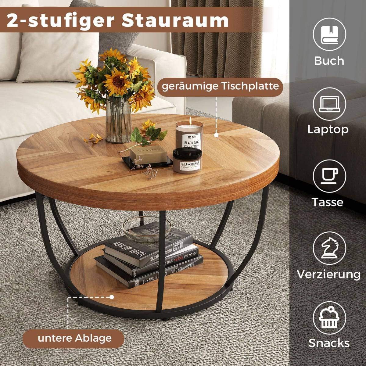 Rundt sofabord – træ og metal, design med 2 niveauer