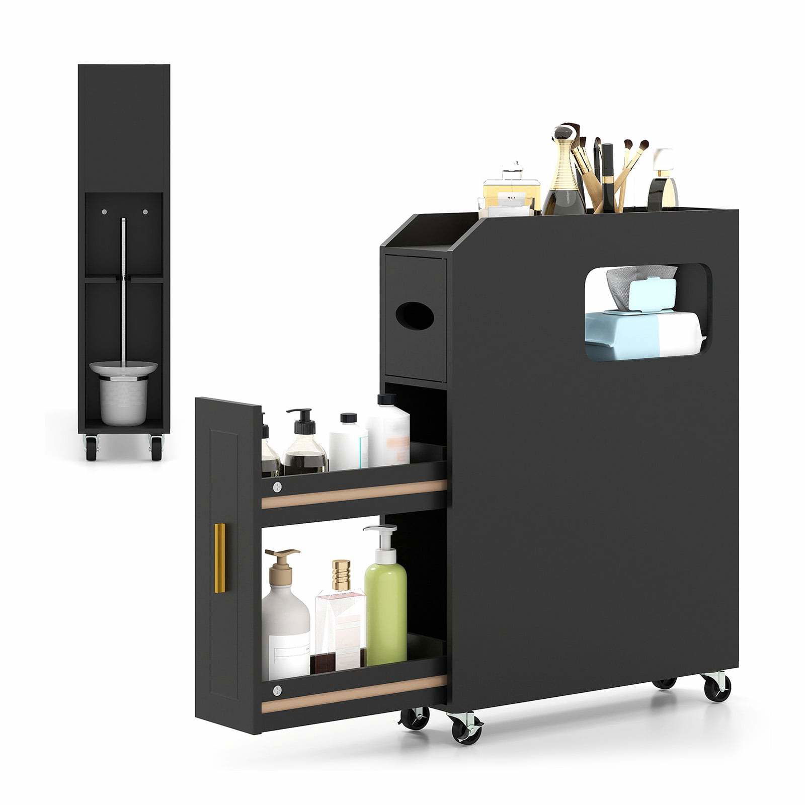 Slankt badeværelsesskab med skuffe og servietboks – sort