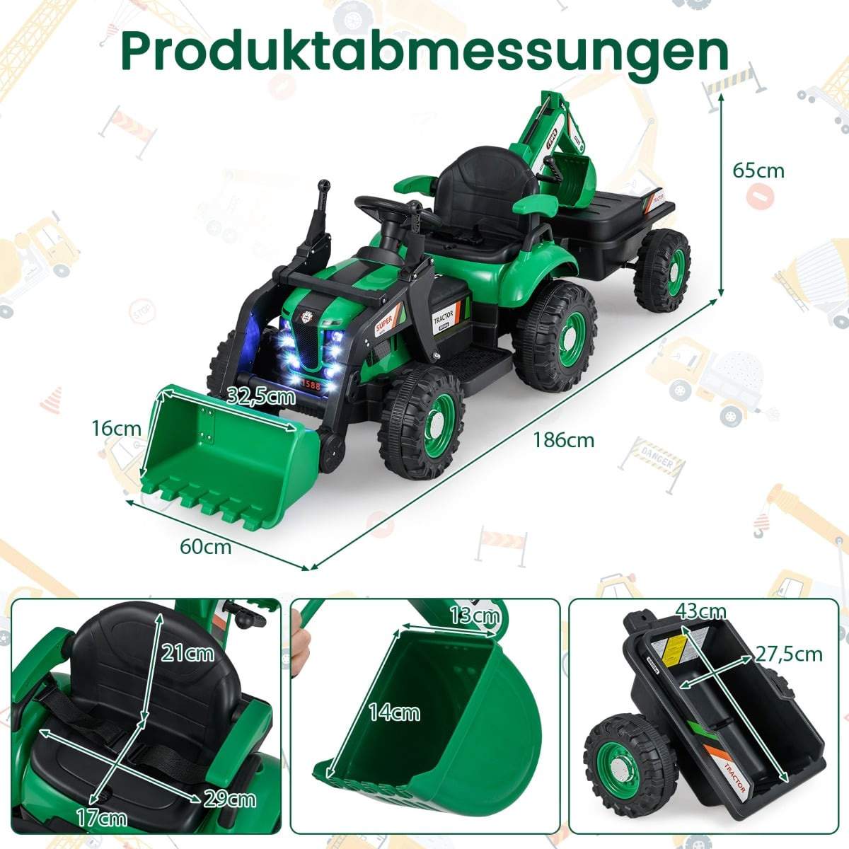 12V børnetraktor med trailer og fjernbetjening