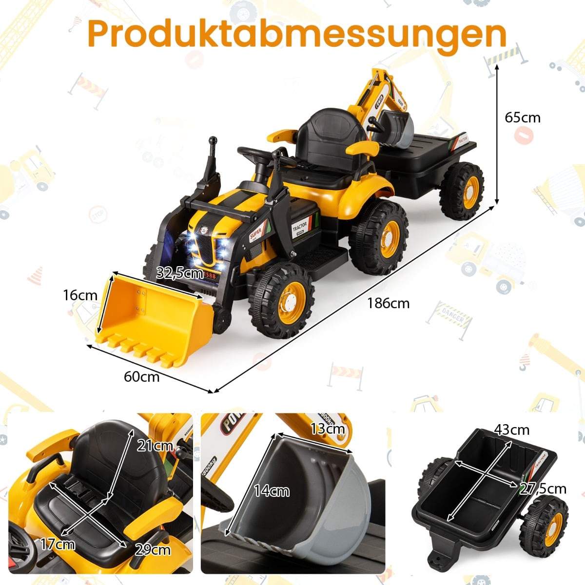 12V børnetraktor med trailer og fjernbetjening