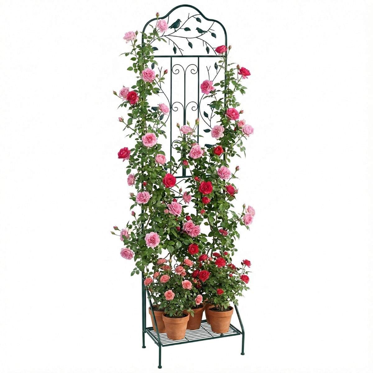 Metal espalier til klatreplanter med foldbar hylde