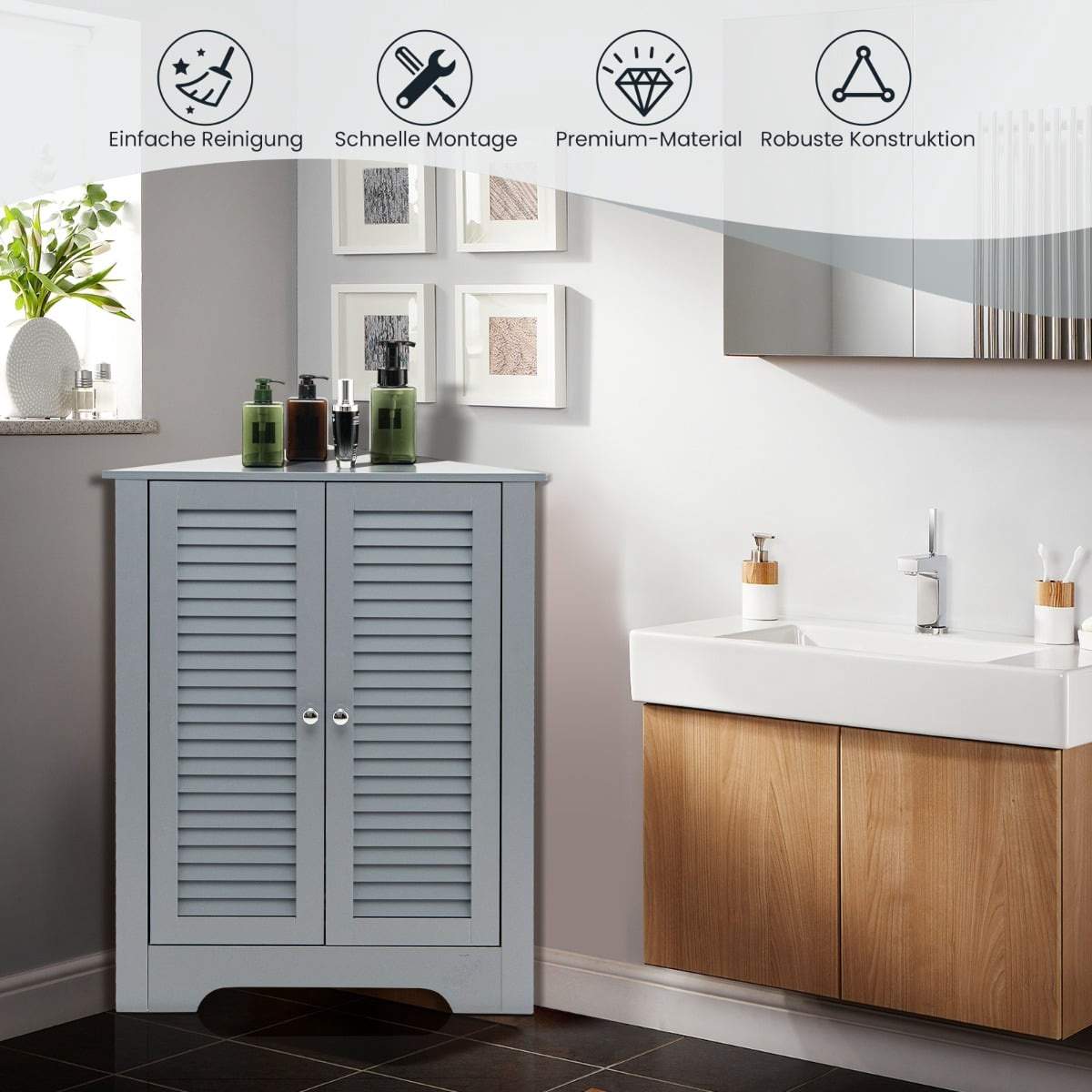 Hjørneskab med justerbar hylde – Pladsbesparende grå opbevaring