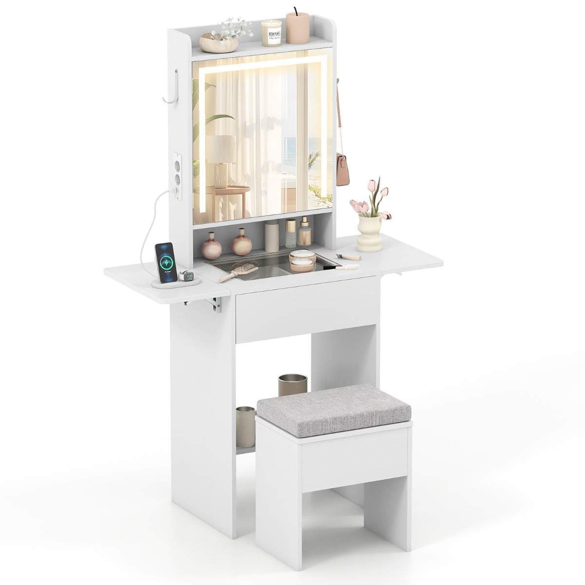 Sminkbordsset med LED-spegel, uttag och förvaring | Hem & Hobby | Pryloteket