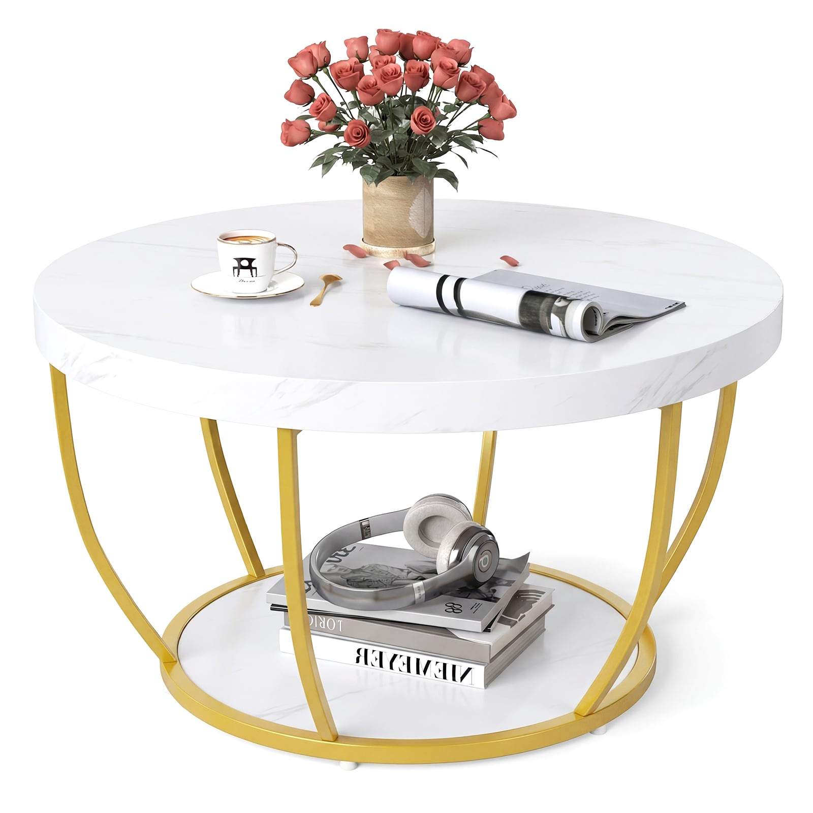 Rundt sofabord – træ og metal, design med 2 niveauer