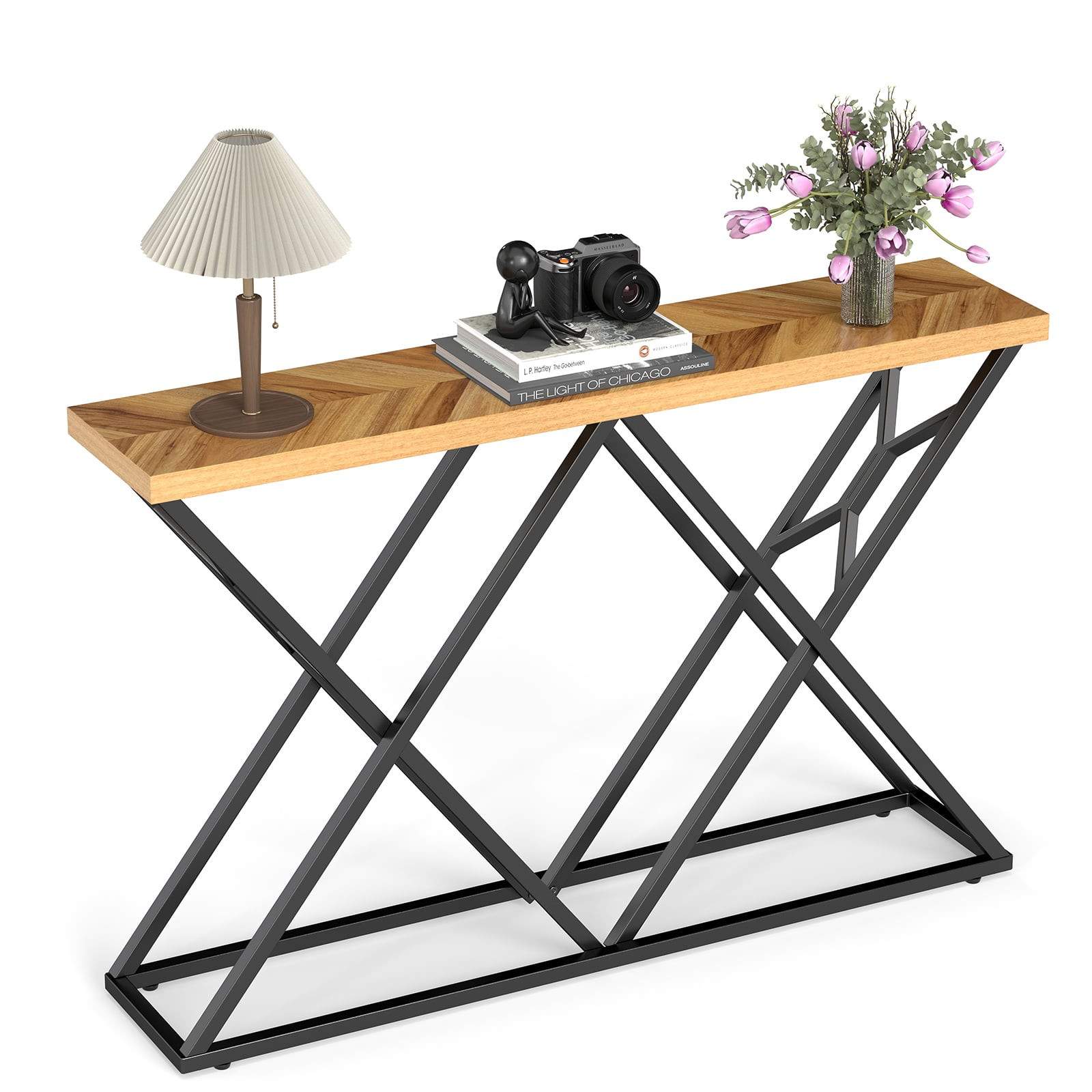 140 cm konsolbord – træfinish, geometrisk metalfod