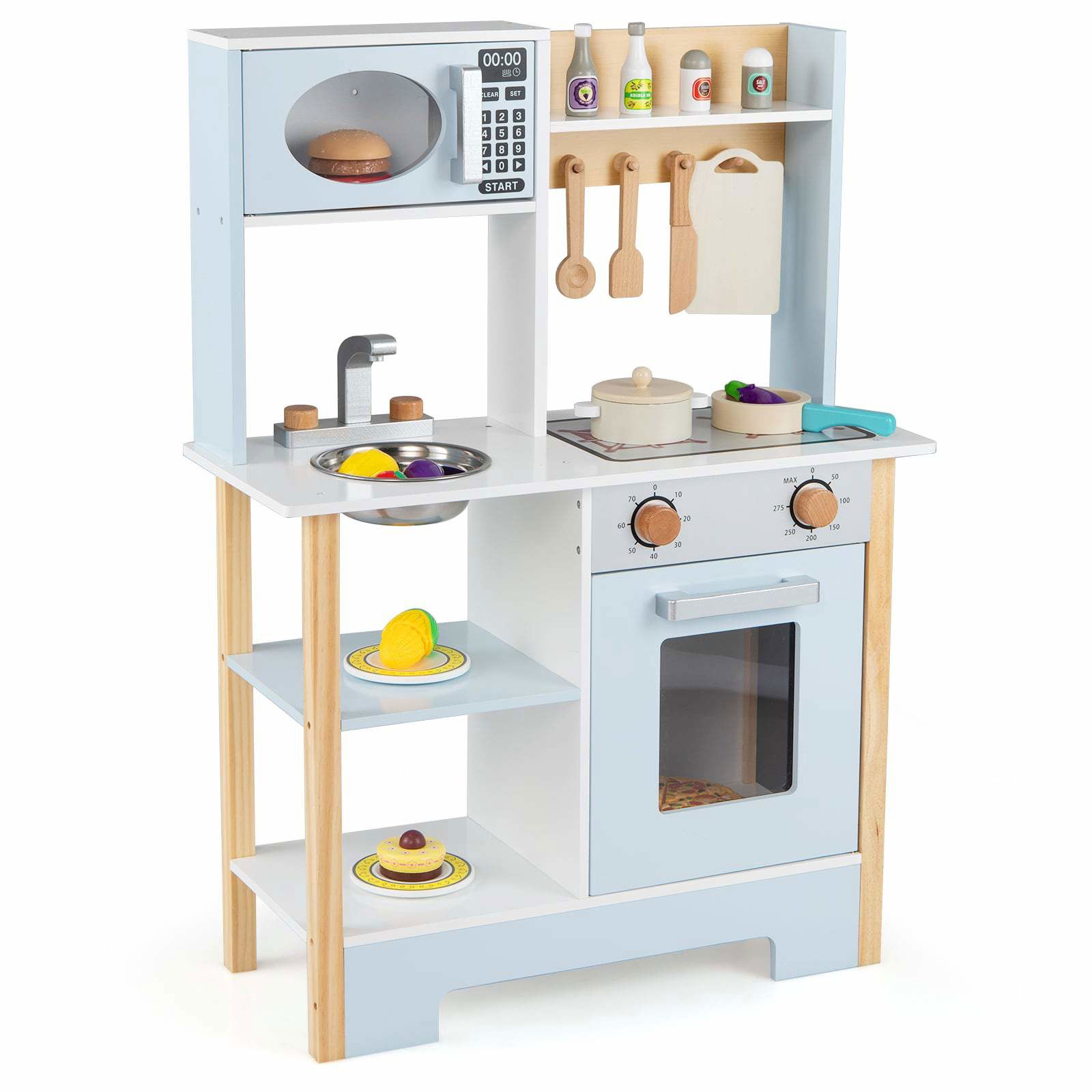 Blåt trækøkkensæt til børn med tavle og mikrobølgeovn