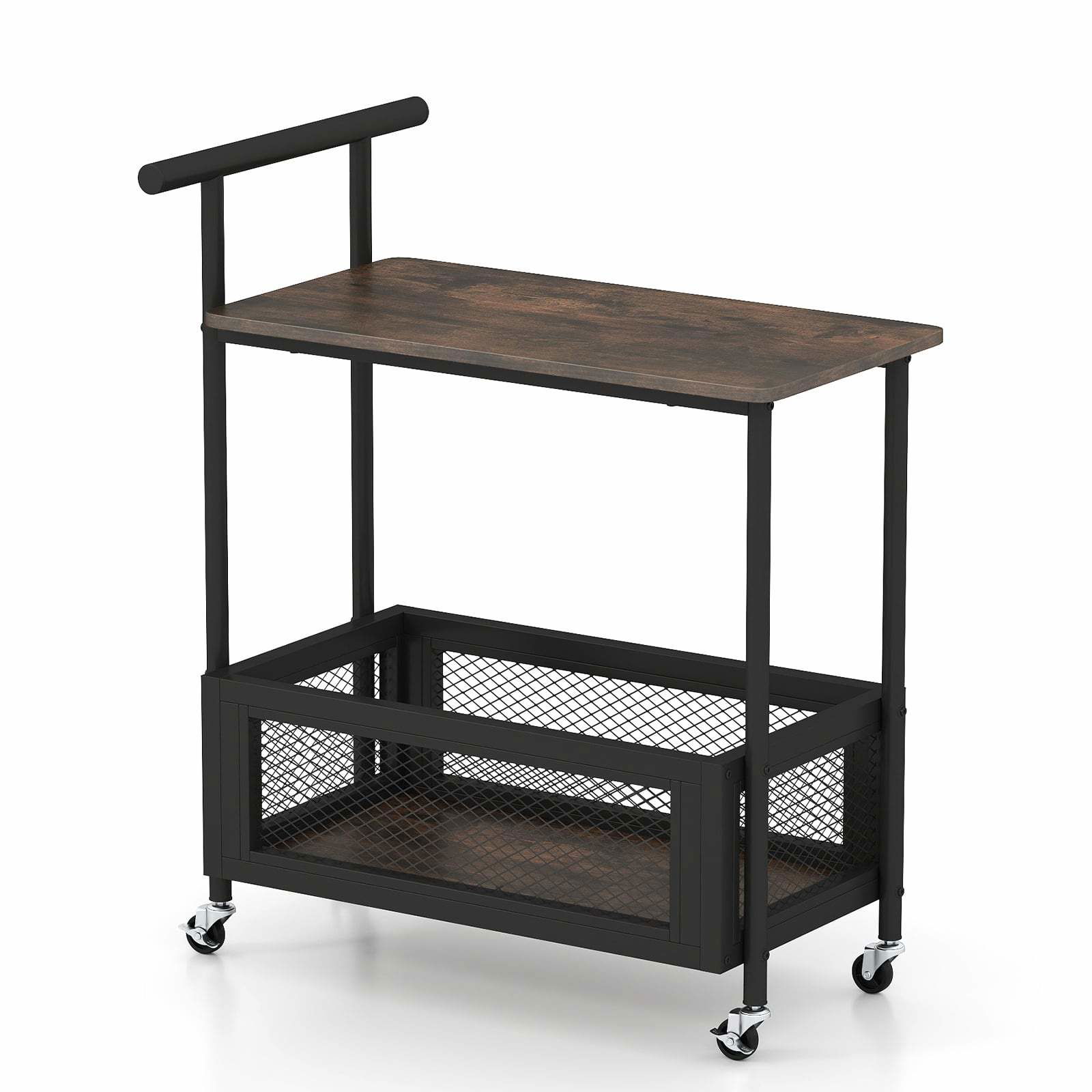 Rullende sidebord med håndtag – 2 hylder, sort, 60x40x72 cm