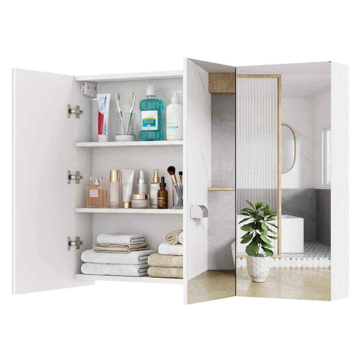 Vægmonteret spejlskab til badeværelse – 87 cm, 3 døre, 6 hylder