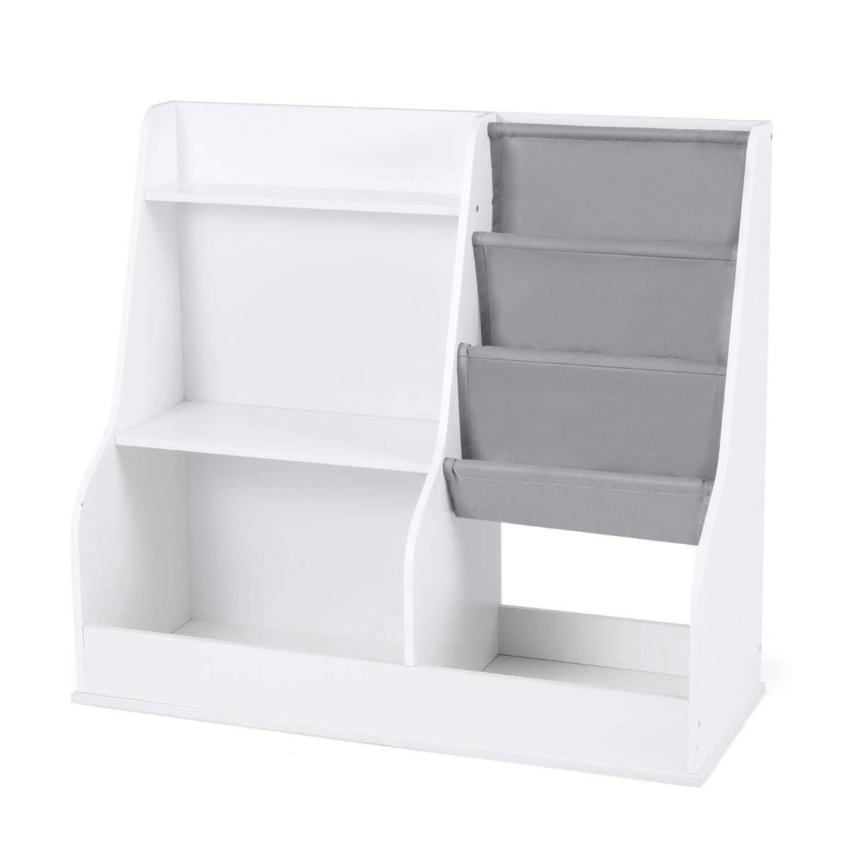 Børnebogreol i træ med 3 stoflag