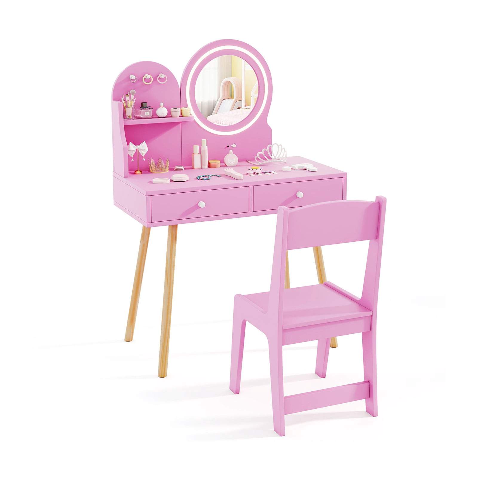 Børnemøbelsæt med lysende spejl – Pink prinsesse-tema