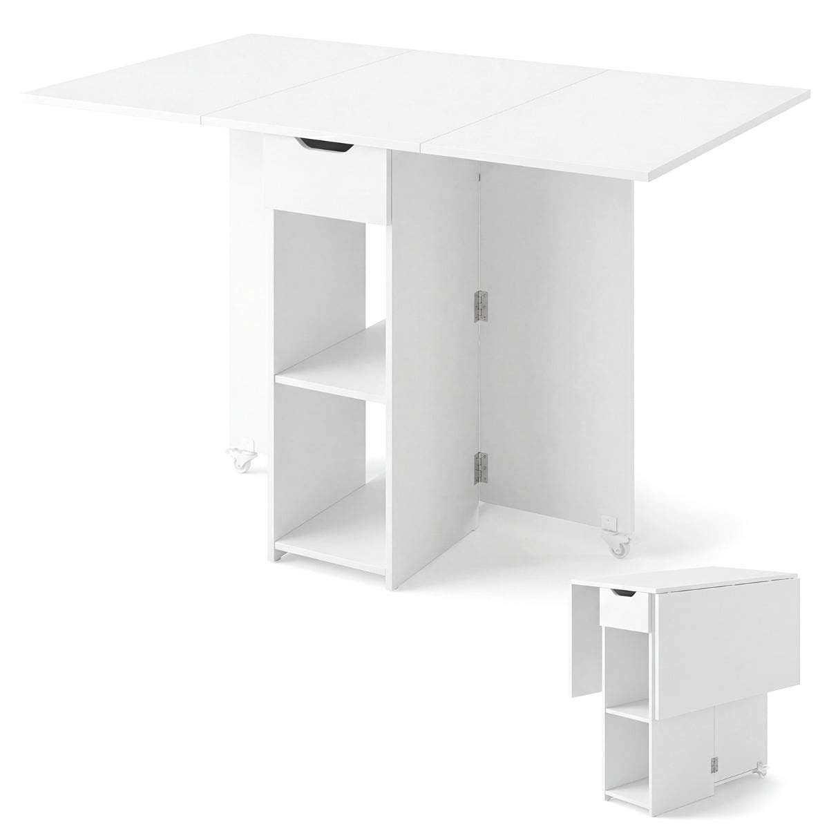 Sammenklappeligt spisebord med hjul, hylder og skuffe