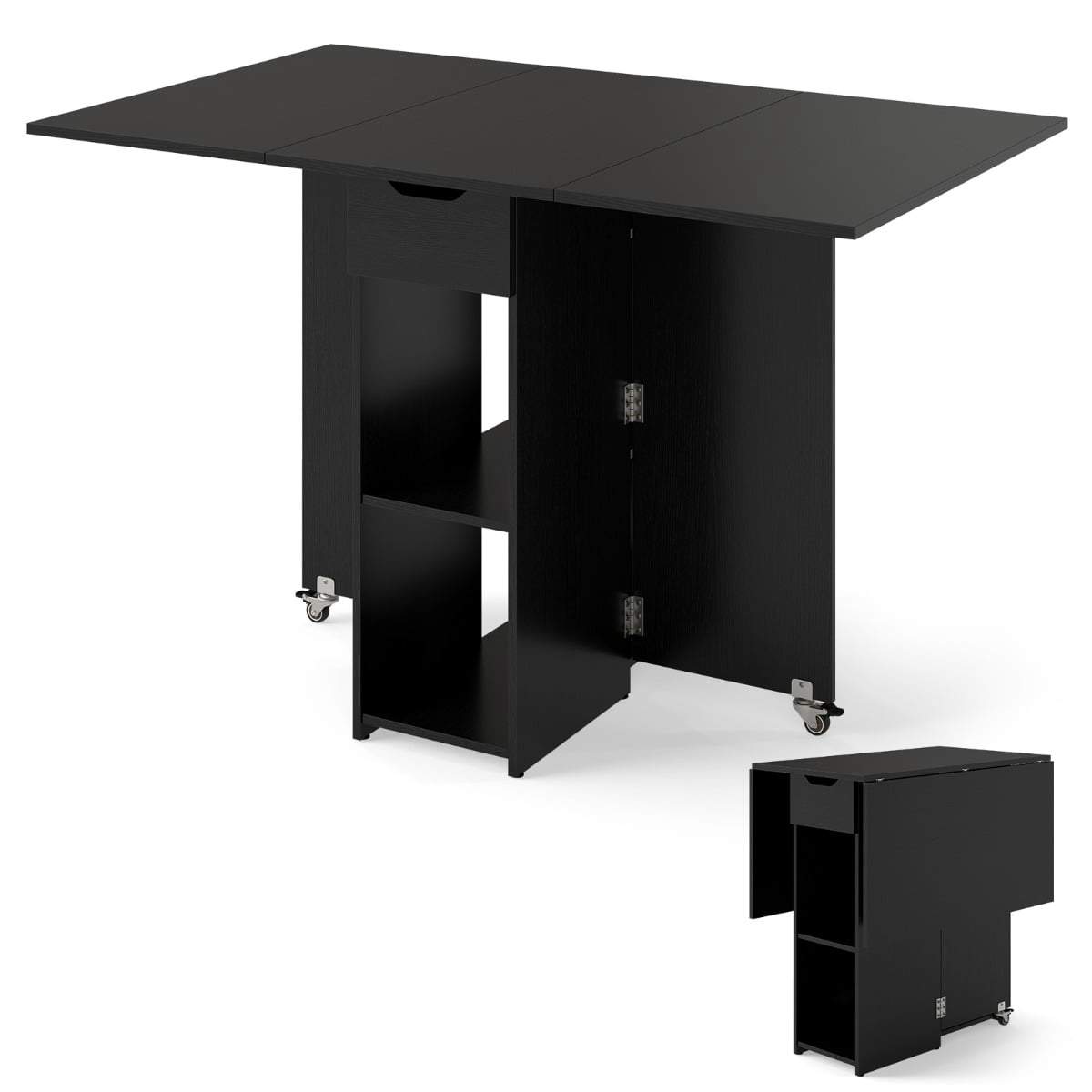 Sammenklappeligt spisebord med hjul og opbevaringshylder