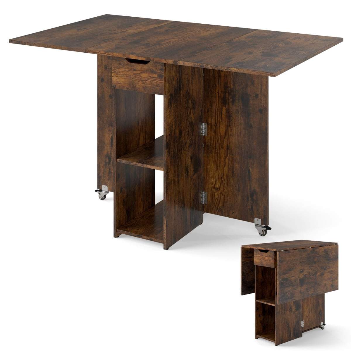 Sammenklappeligt spisebord med hjul og opbevaringshylder