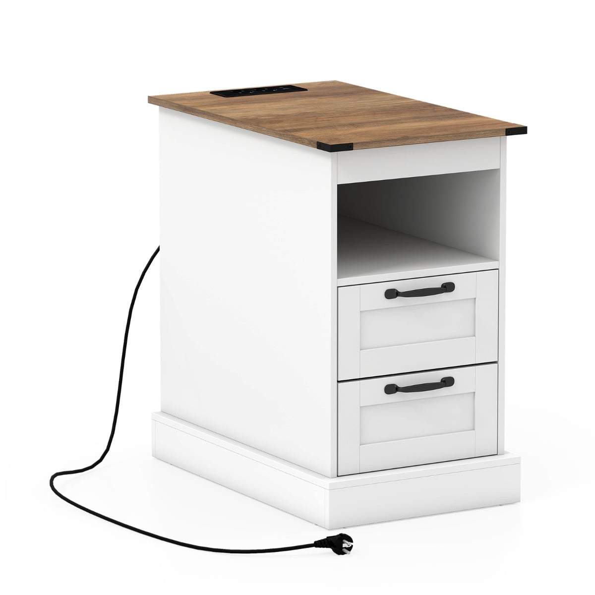 Natbord med ladestation – hvid, 2 skuffer og åben hylde